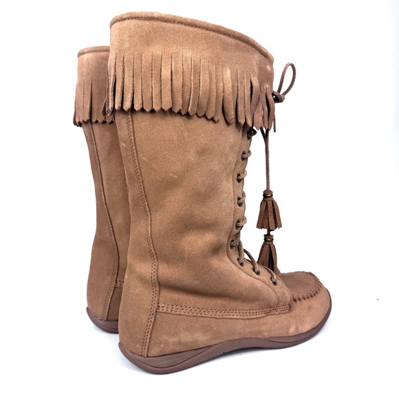 LL Bean tall suede tan moccasin boots shearling lined lace up w fringe. Sz 7.5 - Picture 5 of 14
